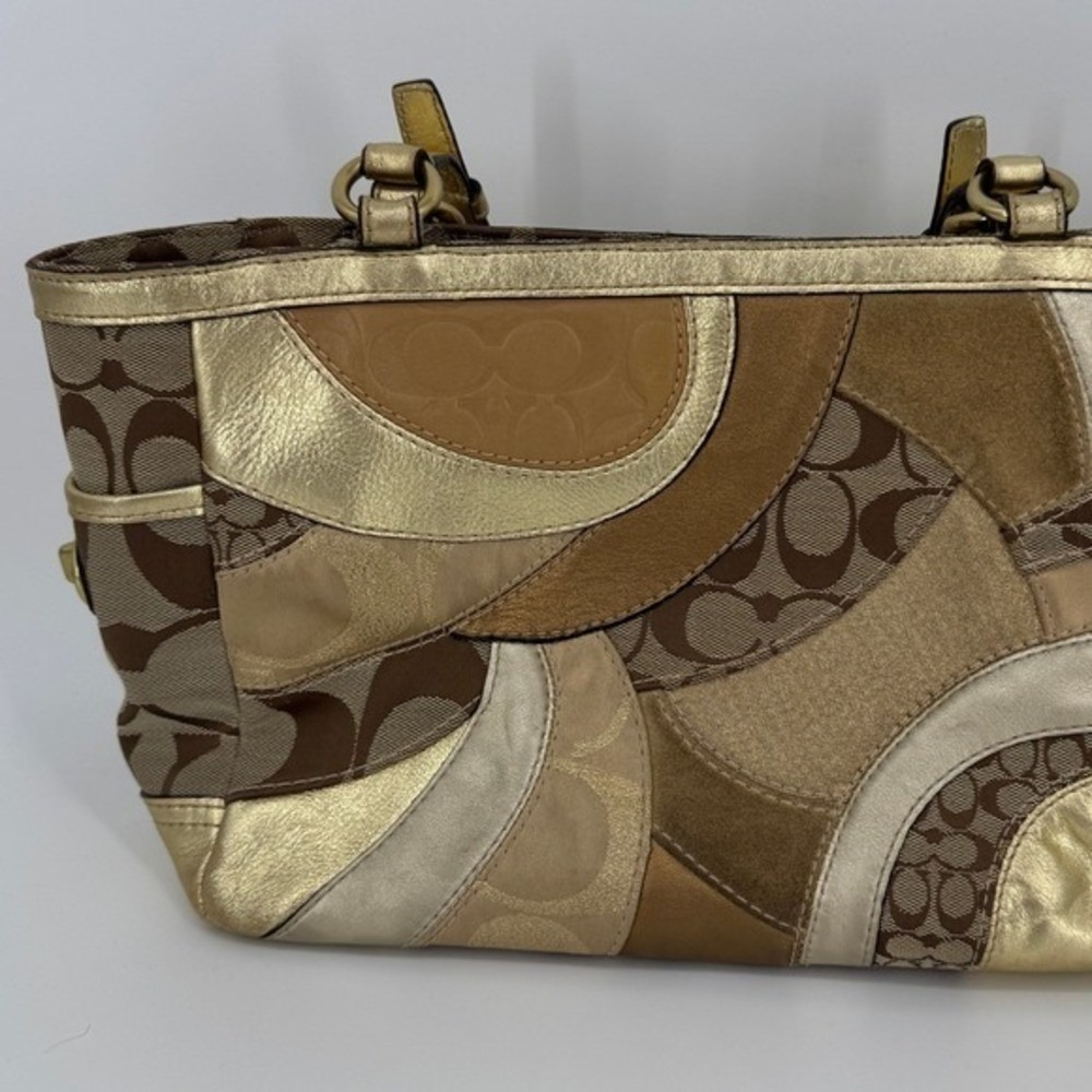 Coach Patchwork Signature Metallic Gold Brown Tote Shoulder Bag F14004 Boho Y2K - Picture 8 of 16